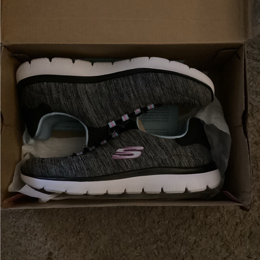 Skechers Black Slip-On Memory Foam Sneakers with Pink Accent